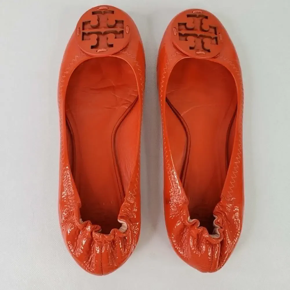 Tory Burch Reva Patent Leather Logo Ballet Flats Orange Ref Women’s Size 8.5